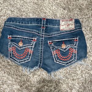 True Religion Blue Denim Shorts with Red Accents